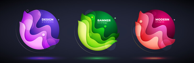 Wall Mural - Set of liquid abstract geometric circle. Fluid gradient elements for minimal banner, logo, social post on dark background. Futuristic trendy dynamic design. Abstract background. Eps10 vector.