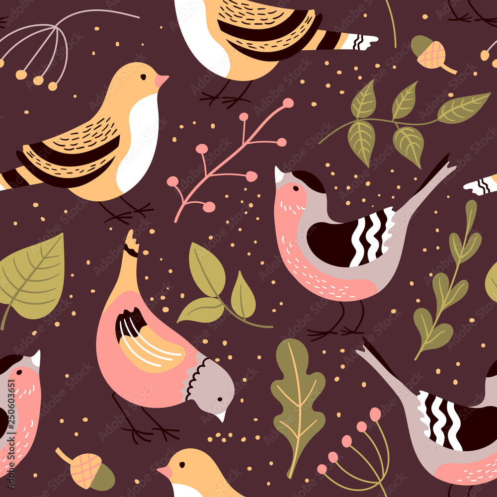 Seamless pattern with cute birds, leaves, berries and acorns ...