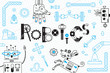 Robotics for kids. Banner or card. Robots and details for construction. Vector illustration