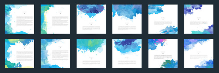 Wall Mural - Big set of bright blue vector watercolor background for poster, brochure or flyer