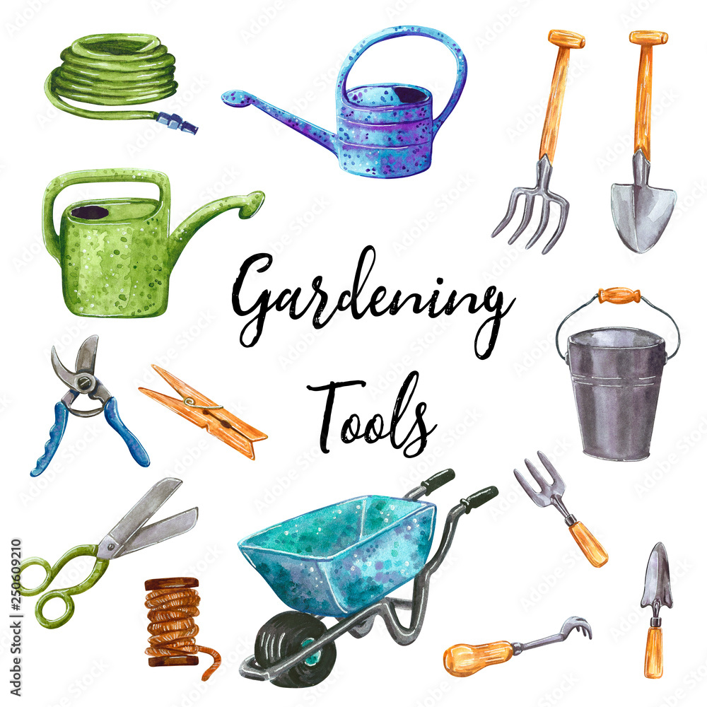 Gardening tools clip art set, hand drawn watercolor illustration isolated  on white Stock Illustration | Adobe Stock, image size:1000x1000