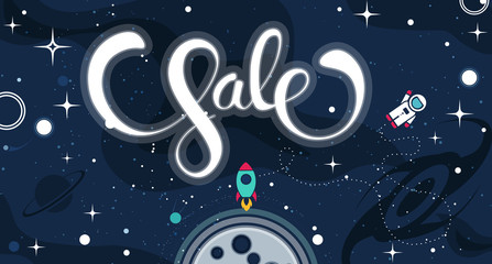 Wall Mural - sale advertising background template with outer space and lettering.