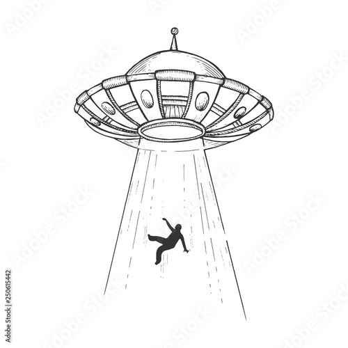 Fotografie, Obraz UFO Flying saucer kidnaps human person sketch engraving vector illustration