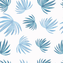 Watercolor  Abstract Pattern Of Painting Coconut Palm Leaf,blue Leaves Isolated On White Background.Watercolor Hand Painted Tropic Sky Blue Leaves.