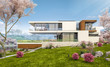 © korisbo - 3d rendering of modern house by the river in spring
