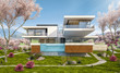 © korisbo - 3d rendering of modern house by the river in spring