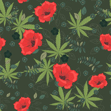 Cannabis Leaves With Flowers Pattern. Marijuana And Flowers Pattern. Cannabis Pattern. Vector Illustration.