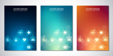 Template brochure or cover with medical icons and symbols. Healthcare, science and innovation technology concept.