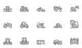 Fototapeta  - Agricultural Machinery Vector Line Icons Set. Equipment for Ploughing, Harvesting, Sowing, Planting, Irrigation. Sprayer , Harvester, Tractor, Cultivator. Editable Stroke. 48x48 Pixel Perfect