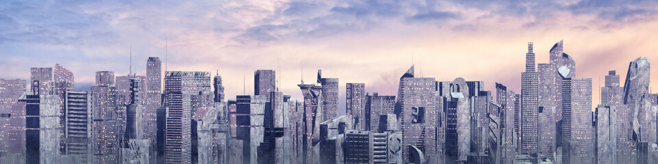 Wall Mural - science fiction city day panorama / 3d illustration of futuristic sci-fi city under bright sky
