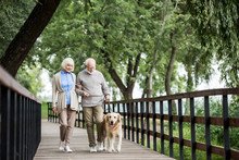 Senior Couple Walking Across Wooden Bridge With Dog On Leash