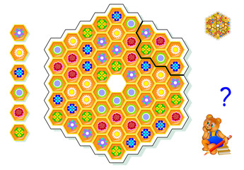 Wall Mural - Logic puzzle game for children. Need to draw lines in honeycomb so that every figure has 6 different flowers. Back to school. Developing skills of counting and spatial thinking. Vector cartoon image.