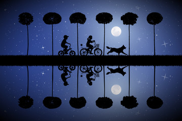 Poster - Children on bicycles and running dog on moonlit night. Vector illustration with silhouettes of boy and girl on bikes in park. Full moon in starry sky