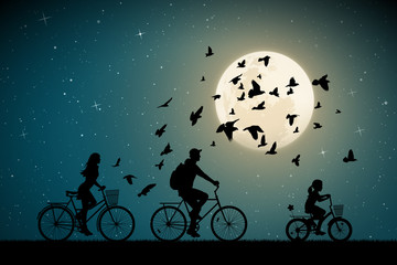 Sticker - Family on bikes on moonlit night. Active rest of parents with child. Vector illustration with silhouettes of cyclists and flying pigeons in park. Full moon in starry sky