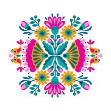 Flower Ethnic Decoration. Fashion Mexican, Navajo Or Aztec, Native American Ornament.  Colored Vector Design Element For Frame And Border, Textile, Fabric Or Paper Print. Vector Illustration