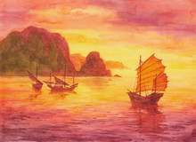 Watercolor Painting, Seascape With Chinese Sailing Boats.