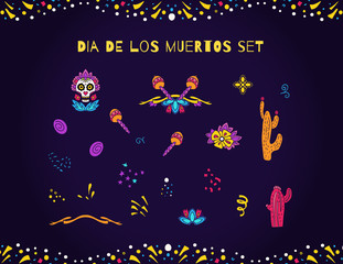  Dia de los Muertos, Day of the Dead vector illustration set.