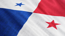 Panama Flag Is Waving 3D Illustration. Symbol Of Panamanian National On Fabric Cloth 3D Rendering In Full Perspective.