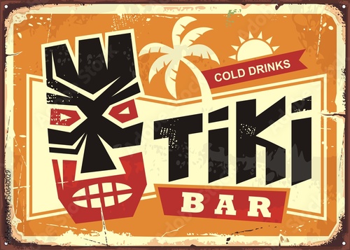 Dekoracja na wymiar  tiki-bar-vintage-blaszany-znak-z-hawajska-maska-tiki-i-kreatywna-typografia-kawiarnia-z-jedzeniem-i-piciem