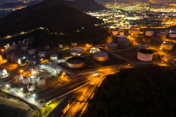 Aerial view. oil refinery factory and Oil industry at twilight. Petrochemical Industrial.