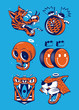 © DXTR - A Tiger, an alarm clock, a skeleton and smileys with a snake and a cat on blue background