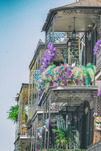 Balconies Of New Orleans, Decorated On Mardi Gras Event, Louisiana
