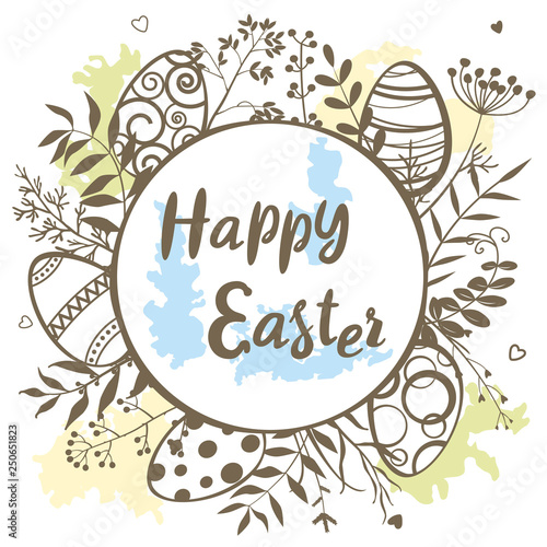 Happy Easter. Easter eggs, twigs, wild grasses and flowers.