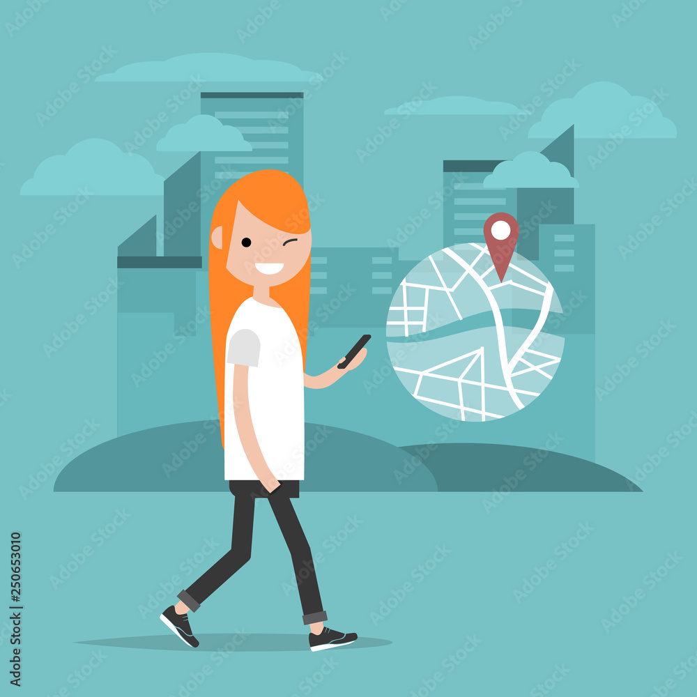 Young character using a navigational app. Map and geo tag on city ...