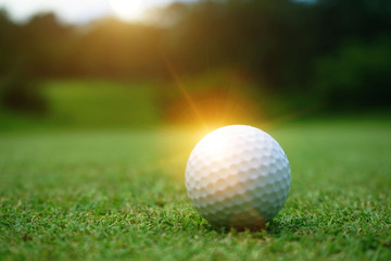  golf ball close up in grass field with sunset. Golf ball close up in golf coures at Thailand