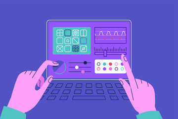 Vector illustration in simple flat style with hands and abstract user interface - teamwork and collaboration concept - tuning and developing app for business