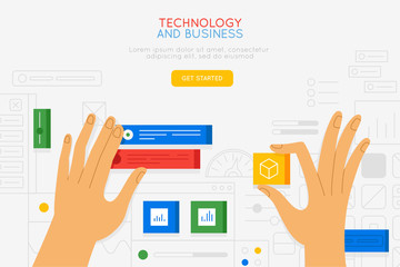 Vector illustration in simple flat style with hands and abstract user interface - teamwork and collaboration concept - tuning and developing app