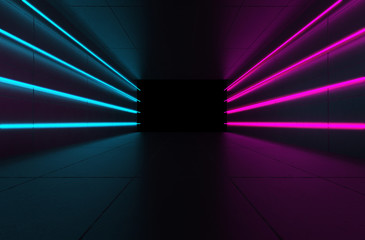 Background of empty room with concrete pavement. Spotlight light, multicolored neon light, reflection on tile. Laser lines, figures, smoke, smog