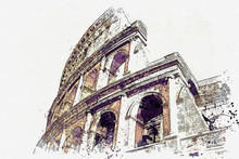 Watercolor Sketch Or Illustration Of A Beautiful View Of The Colosseum In Rome In Italy