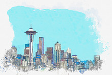 Watercolor Sketch Or Illustration Of A Beautiful View Of Seattle In America. Cityscape Or Urban Skyline