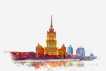 Wall Mural - Watercolor sketch or illustration of a beautiful view of the traditional old architecture on the Kotelnicheskaya Embankment in Moscow in Russia