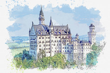 Watercolor Sketch Or An Illustration Of A Beautiful View Of The Ancient Castle Neuschwanstein In Germany