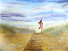 Watercolor Hand Drawn Illustration Seascape With Girl Walking Along The Beach In The Evening. 