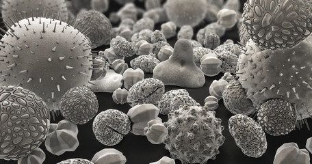 3d illustration of many different pollen bodies in black and white