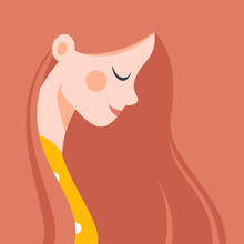 In Profile Beautiful Young Girl With Red Hair Smiling. Vector Illustration 
