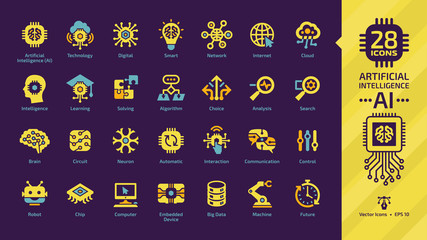 Artificial intelligence yellow icon set on a dark violet background with Ai machine learning, digital technology, smart network, cloud computing, solving, algorithm, analysis, search and choice sign.