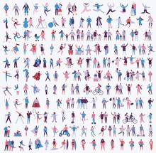 Vector Illustration In A Flat Style Of Different Activities People Jumping, Dancing, Walking, Couple In Love, Doing Sport In Flat Style 