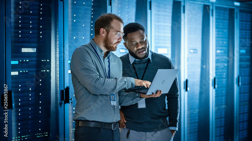 Fotomural Bearded IT Technician in Glasses with Laptop Computer and Black Male Engineer Colleague are Using Laptop in Data Center while Working Next to Server Racks