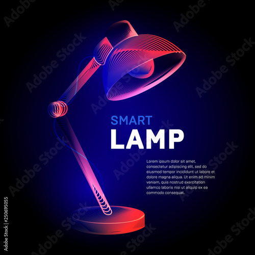 Vector Electric Table Lamp Or Desk Light Bulb Contour Silhouette With Abstract 3d Geometry Lines Texture And Outline Gradient Waves Vintage Modern Trendy Graphic Design Illustration On Dark Background Buy This