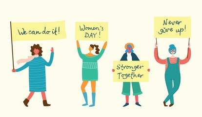 Poster - Colorful vector illustration concept of Happy Women's internarional day . Group of happy female friends, union of feminists, sisterhood holding placards, banners in flat design