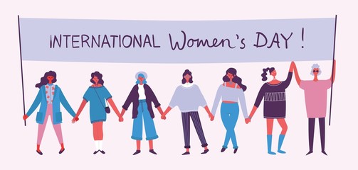 Poster - Colorful vector illustration concept of Happy Women's internarional day . Happy female friends, union of feminists, sisterhood holding the placard in flat design