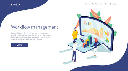 People work in a team and interact with graphs. Business, workflow management and office situations. Landing page