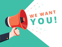Male Hand Holding Megaphone With We Want You Speech Bubble. Banner For Business. Vector Stock Illustration. We Want You