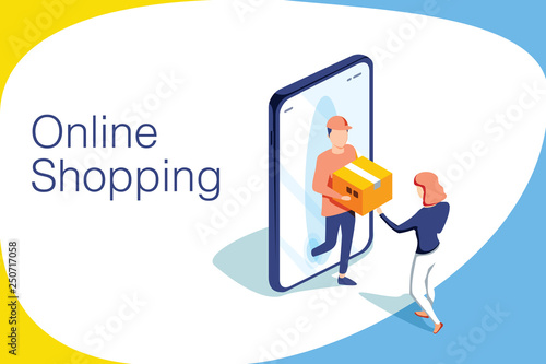 Cuadros en Lienzo Isometric flat vector landing page template of express delivery service, courier service, goods shipping, ordering