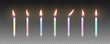 Set of colorful birthday cake candles with burning flames. Vector