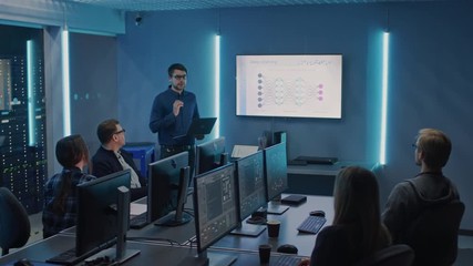 Wall Mural - team of professional it developers have meeting, speaker talks about new blockchain based software d